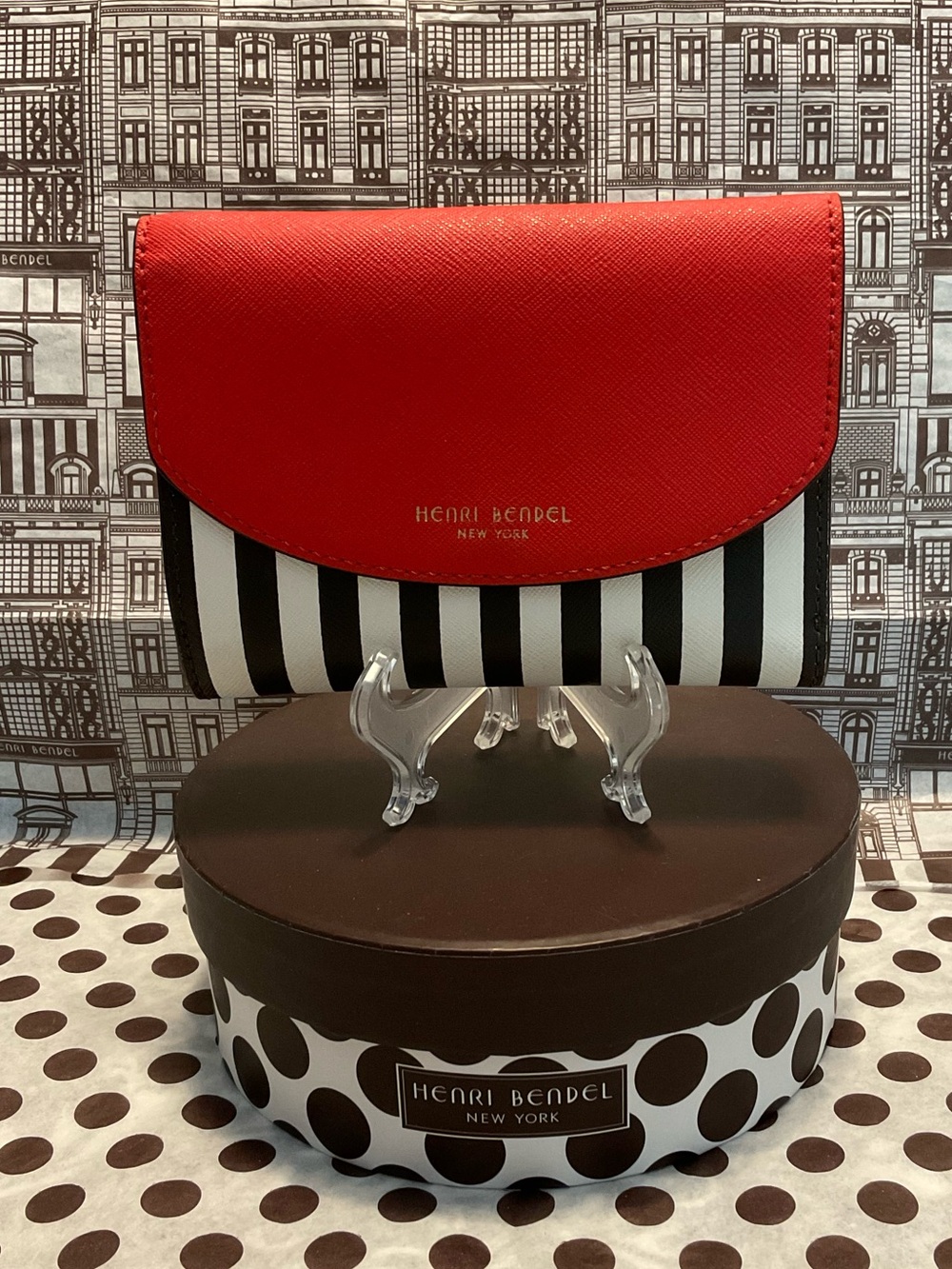 Henri Bendel Bi-Fold Wallet Red with Black and White Centennial Stripes